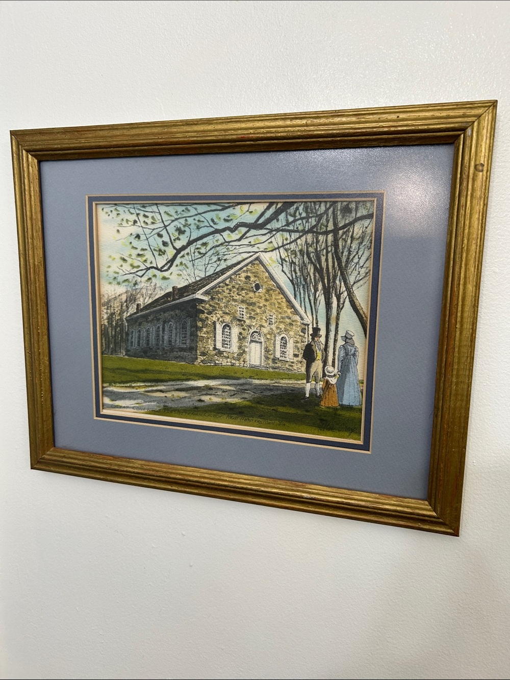 Vintage Framed 12 x 16 Stone Church Print with Blue Mat